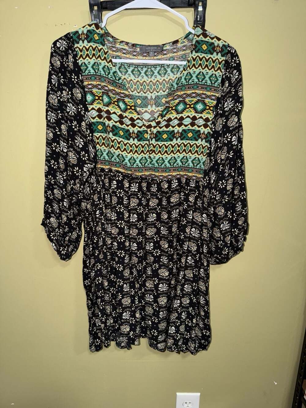 Umgee USA Women's Bohemian Mixed Print Babydoll Dress 3/4 Sleeve Size 1XL